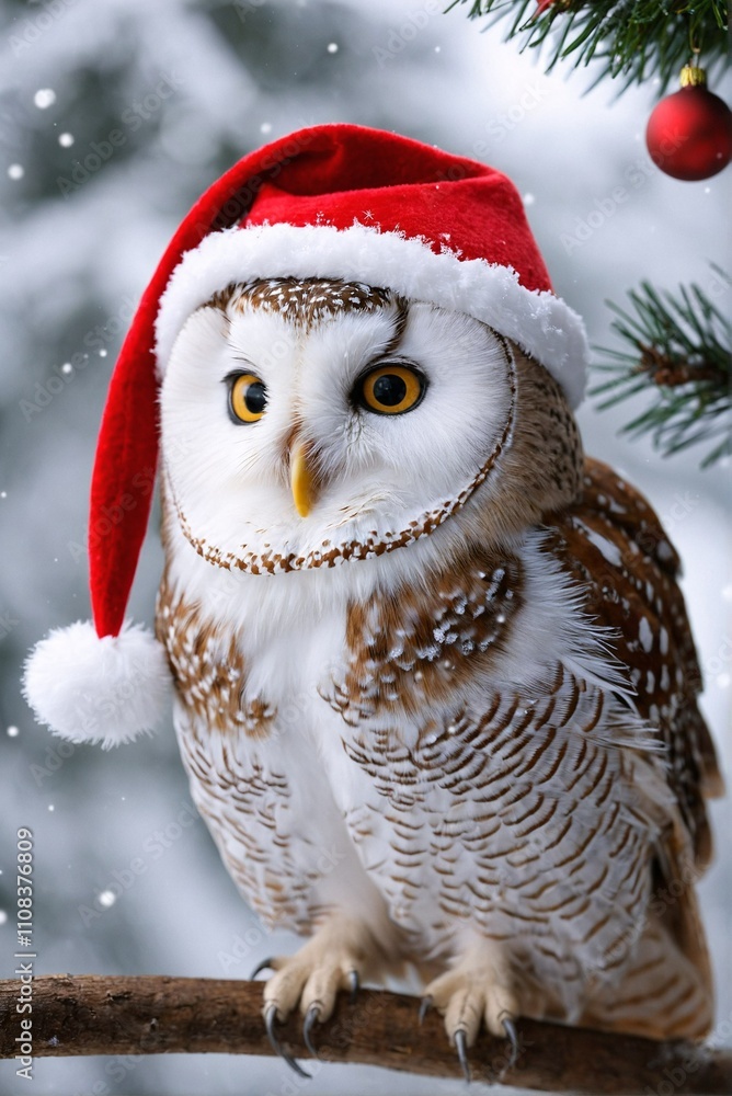 Obraz premium A white owl with brown spots wears a red Santa hat, perched on a branch with snow falling in the background.