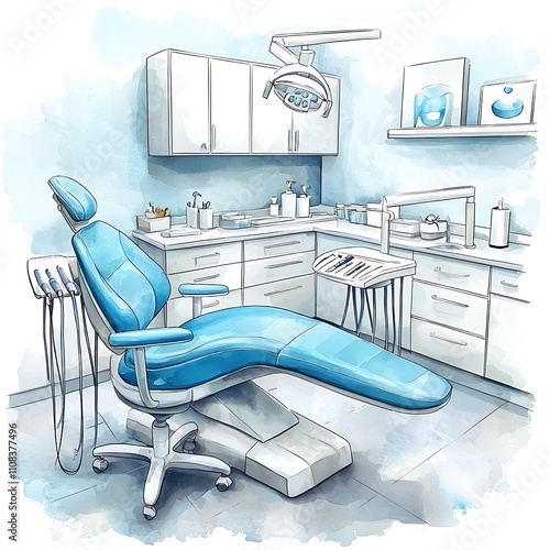 Watercolor Illustration of a Modern Dentist's Chair and Operatory. photo