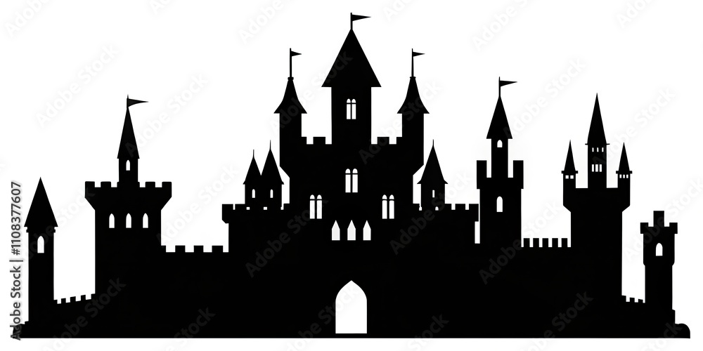 Obraz premium Black Medieval Castle Silhouette Fortress Label Design: Premium Gothic Fortress Image for Branding