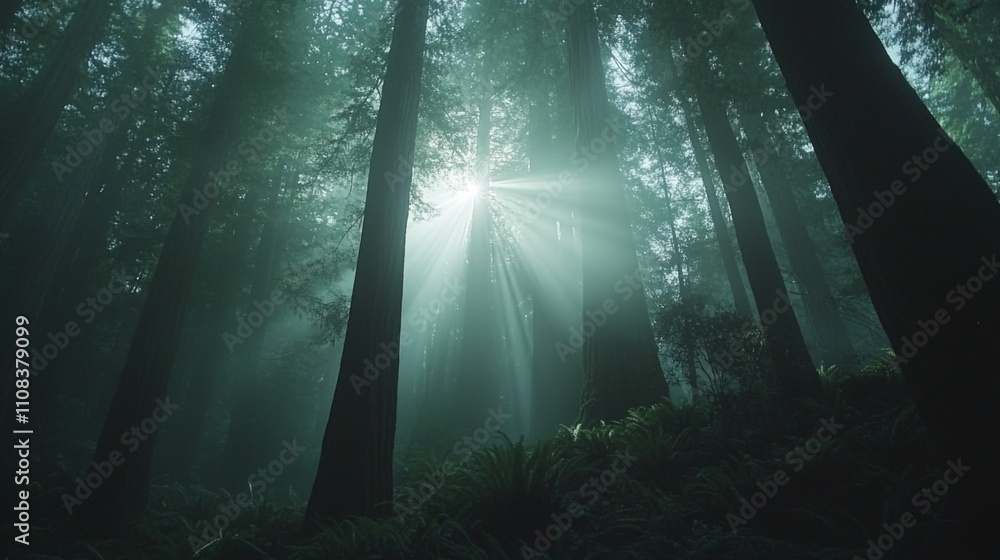 Obraz premium Sunbeams Filtering Through Redwood Trees in a Foggy Forest