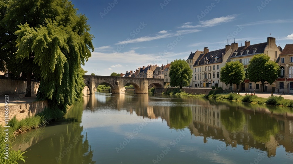 Fototapeta premium Tranquil river scene with reflection of historic stone buildings and bridge under a blue sky.