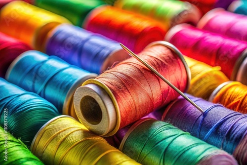 Colorful Sewing Threads Needle Closeup Landscape Photography - Macro Shot of Waxed Thread photo