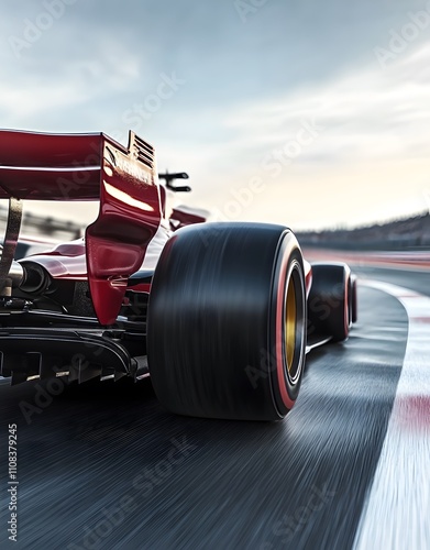 A close-up view of a racing car's rear tires on a track during a dynamic motion scene. photo