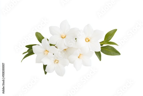 White gardenia flowers with green leaves on a white background