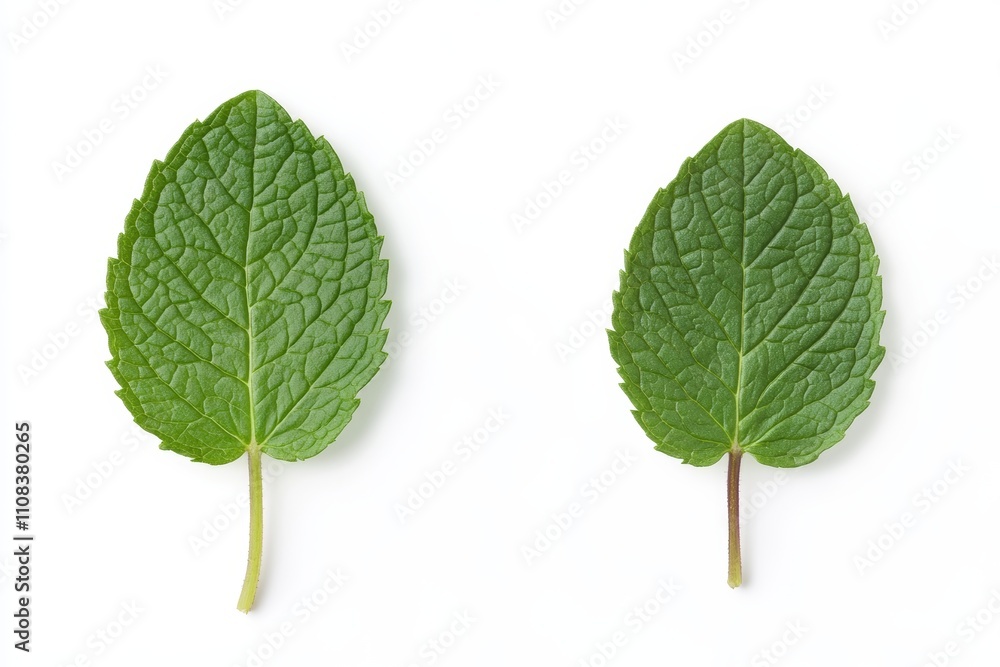 Fototapeta premium Two fresh mint leaves on white background highlighting green texture and shape