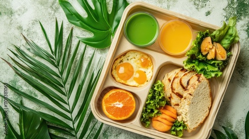 Eco-friendly breakfast box with plant-based food, biodegradable packaging, green leaves, eco-conscious theme, [breakfast box], [sustainability photo