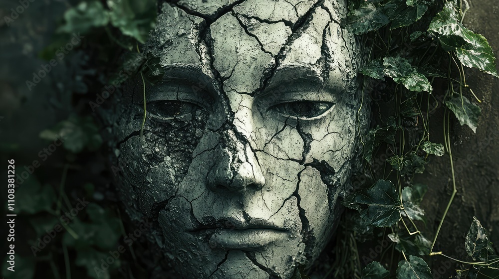 Haunting Statue with Cracks and Ghostly Face Surrounded by Ivy, Capturing an Eerie Atmosphere in a Deteriorating Urban Setting Haunting Statue with Cracks and Ghostly Face Surrounded by Ivy, Capturing an Eerie Atmosphere in a Deteriorating Urban Setting