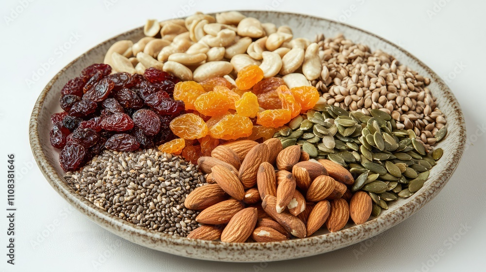 A Vibrant Collection of Healthy Snack Options Featuring Nuts, Seeds, and Dried Fruits on a Textured Plate for Nutritious Eating Inspiration A Vibrant Collection of Healthy Snack Options Featuring Nuts, Seeds, and Dried Fruits on a Textured Plate for Nutritious Eating Inspiration