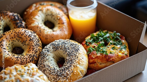 Family-style breakfast box with mixed bagels, spreads, and juice, sharing concept, casual dining, relaxed weekend feel, [breakfast box], [family meal] photo