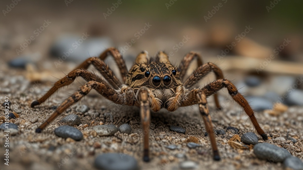 Here's a possible and keyword list for your stock photo... Close-up of a large wolf spider on gravel. Here's a possible and keyword list for your stock photo... Close-up of a large wolf spider on gravel.