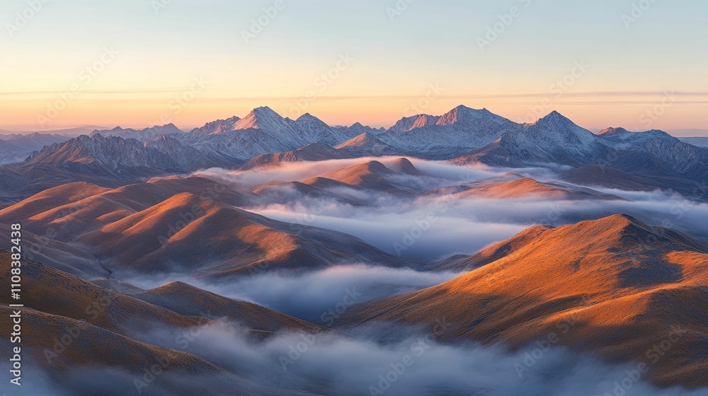 Fototapeta premium Golden Hills Enveloped in Morning Mist and Snow Capped Peaks