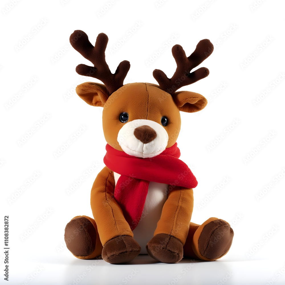 Obraz premium A reindeer plush toy with a festive scarf on a white background
