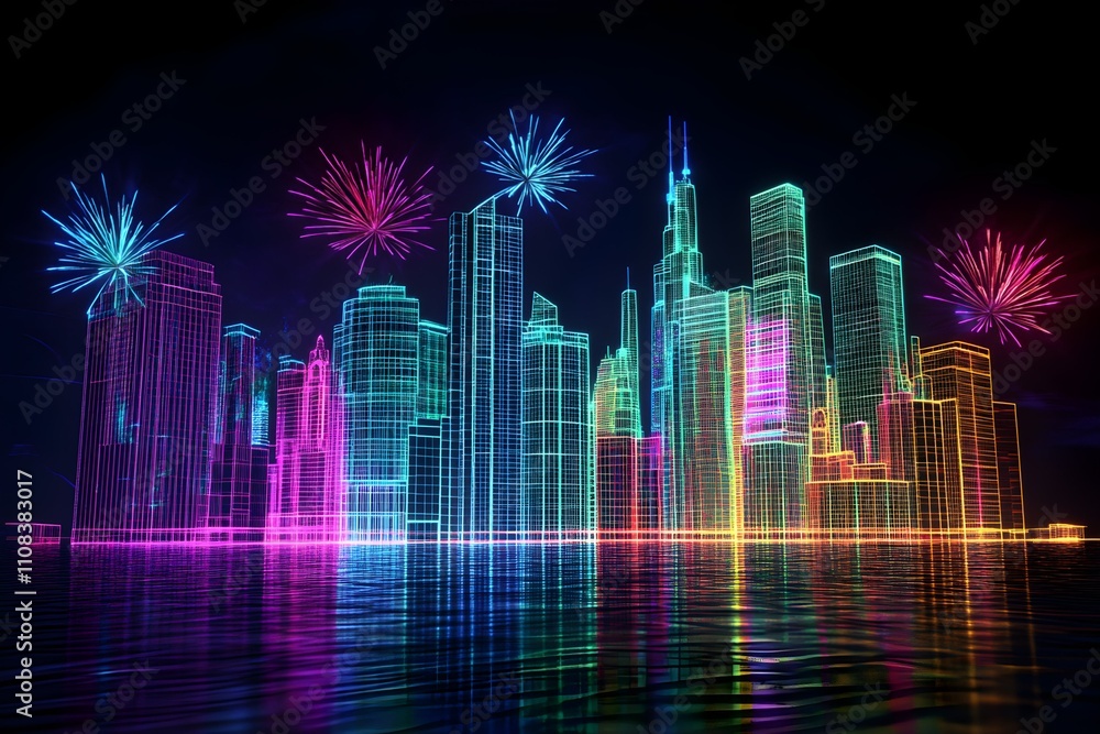 Obraz premium Vibrant neon wireframe city skyline illuminated by colorful fireworks on a dark background.