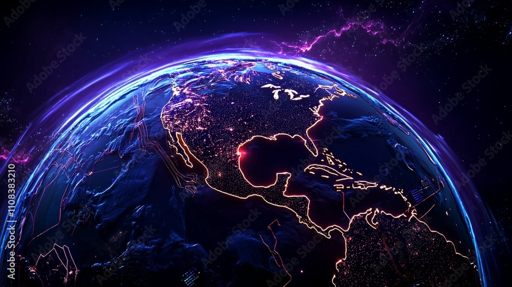 Obraz premium Stunning Night View of Earth with Vibrant Neon Lights Highlighting Cities and Landmasses in a Cosmic Background of Stars and Colorful Effects