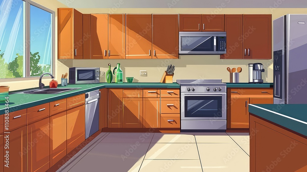 Bright and Spacious Kitchen Interior with Sleek Cabinets and Modern Appliances Featuring Ample Natural Light and Stylish Decor in an Illustrative Style Bright and Spacious Kitchen Interior with Sleek Cabinets and Modern Appliances Featuring Ample Natural Light and Stylish Decor in an Illustrative Style