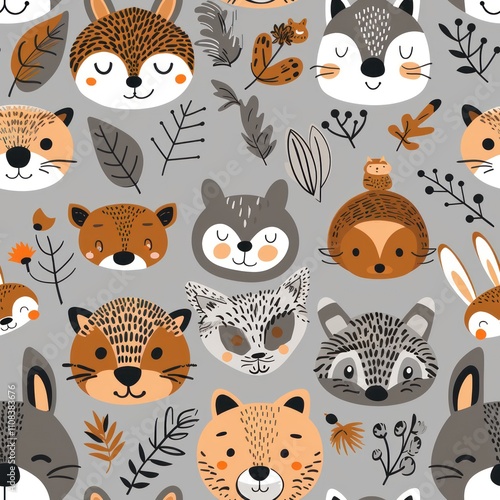 cute animals on gray background, in the style of forestpunk By Generated AI