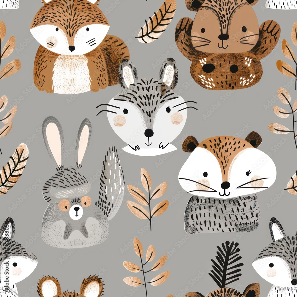 Naklejka premium cute animals on gray background, in the style of forestpunk By Generated AI