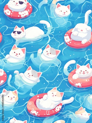 cute cats swimming on little swim ring, in the style of pattern designs By Generated AI