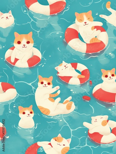 cute cats swimming on little swim ring, in the style of pattern designs By Generated AI