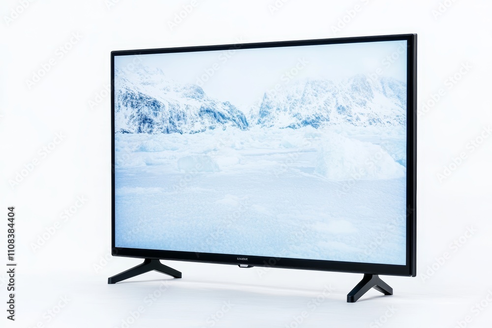 Fototapeta premium Flat-screen television displaying snowy mountain landscape