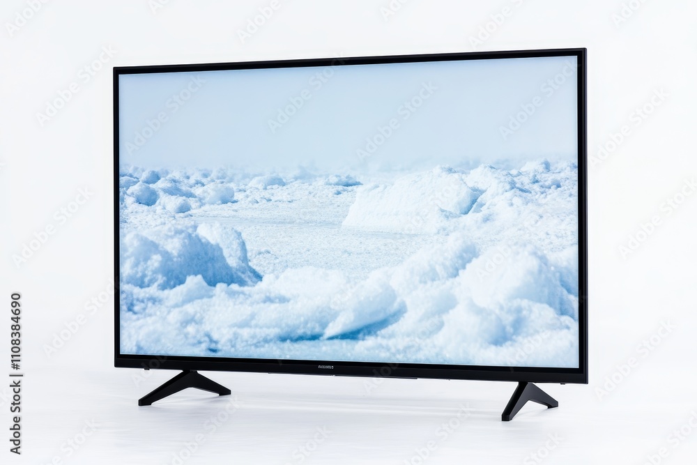 Fototapeta premium Flat screen tv displaying arctic ice landscape with clear blue sky
