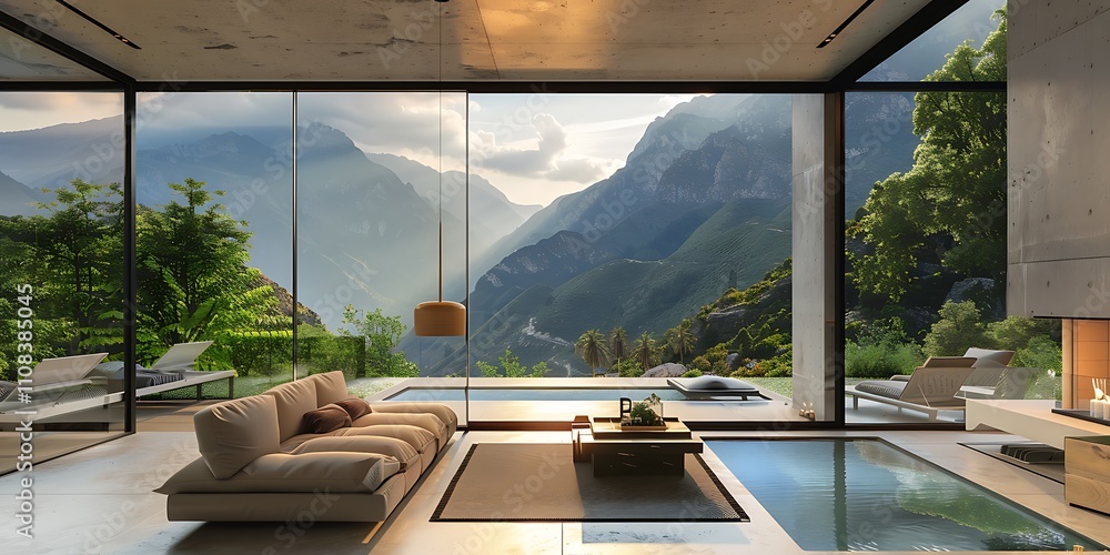 Fototapeta premium Modern house with terrace overlooking the mountains