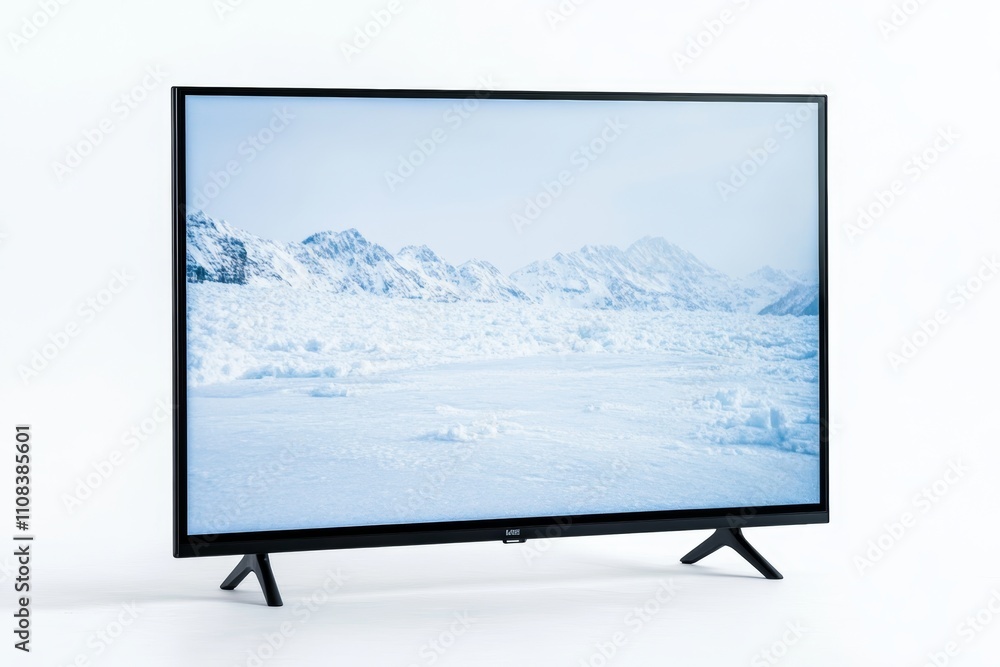 Fototapeta premium Flat screen tv displaying snowy mountain landscape on black stand