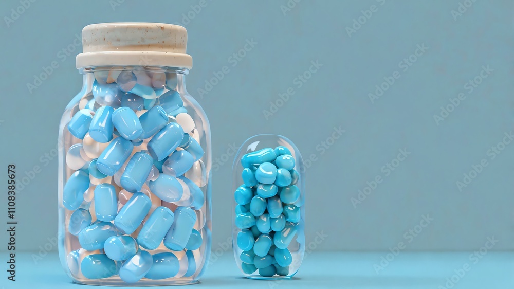 sky blue capsules inside a sealed bottle on a contrast background, 3D render illustration wide range angle sky blue capsules inside a sealed bottle on a contrast background, 3D render illustration wide range angle
