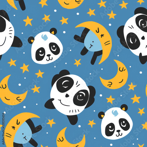 pandas, moons and stars seamless pattern, in the style of sleepycor By Generated AI