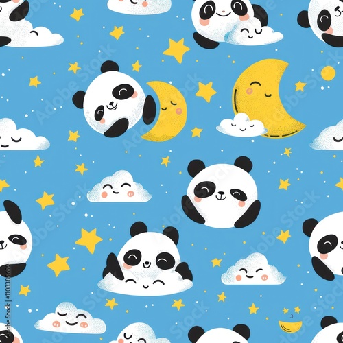 pandas, moons and stars seamless pattern, in the style of sleepycor By Generated AI
