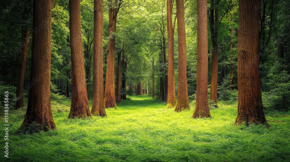 Obraz premium Tall Trees Form a Path Through a Lush Green Forest