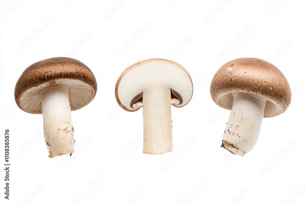 Three brown mushrooms: whole, halved, and side views on white background Three brown mushrooms: whole, halved, and side views on white background