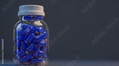 navy blue capsules inside a sealed bottle on a contrast background, 3D render illustration wide range angle