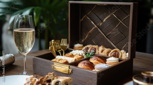 Luxury breakfast box with gourmet pastries, gold utensils, and a champagne glass, elegant brunch concept, high-end dining, [breakfast box], [luxury]  photo