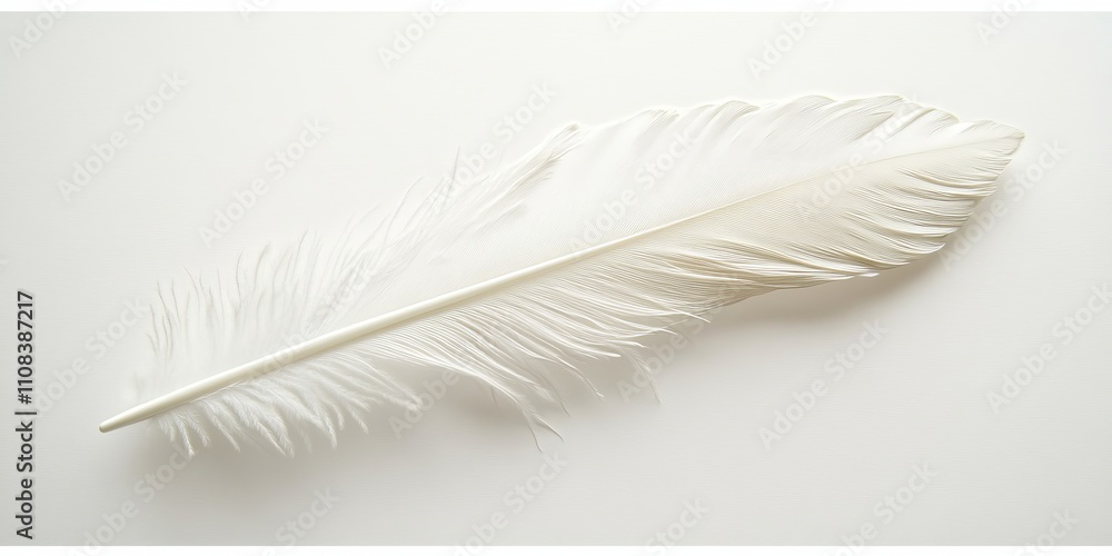 Obraz premium Close-up of a single white feather on a plain background, highlighting its intricate details and soft texture.