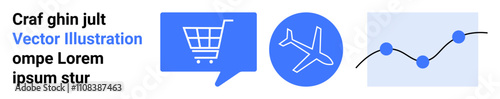 Shopping cart in a speech bubble, airplane in a circle, and line graph with dots. Ideal for e-commerce, travel, business analytics, data visualization, communication, marketing, digital platforms