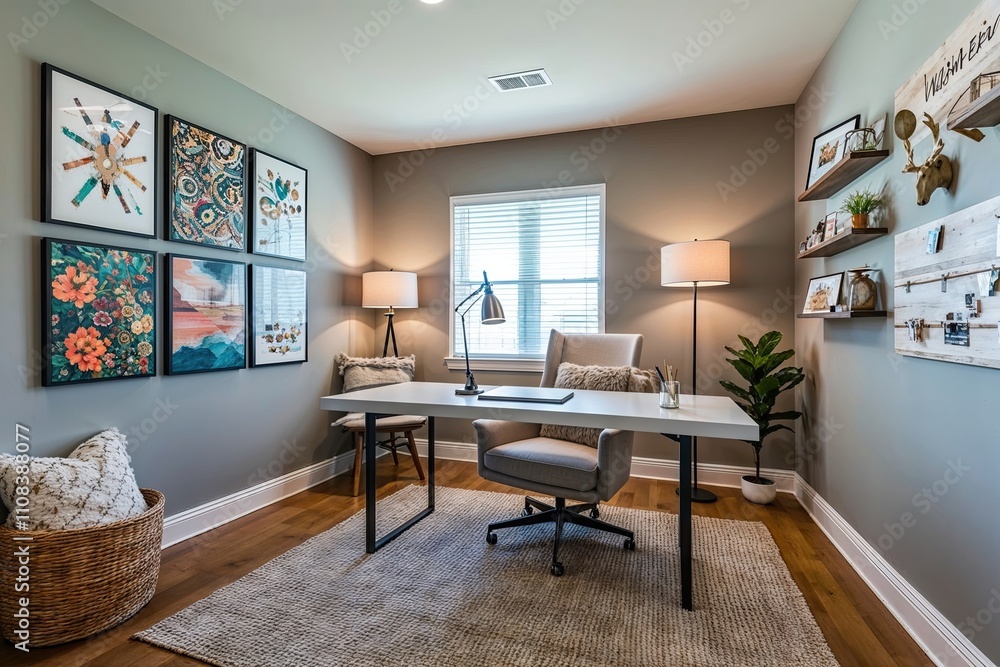 Fototapeta premium Stylish Minimalist Home Office Featuring Efficient Desk Cozy Chair and Inspiring Wall Decor for Enhanced Productivity