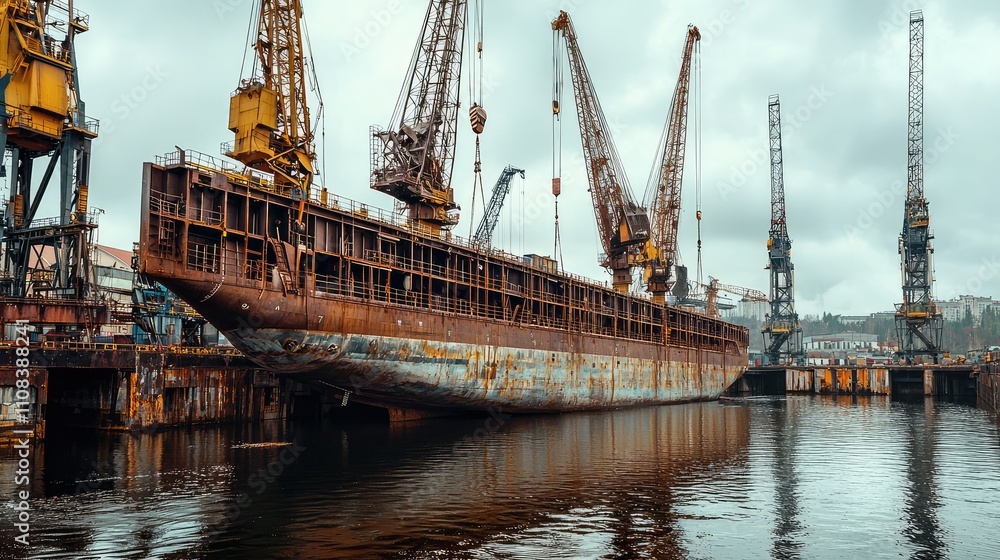 Fototapeta premium Massive Shipyard Scene Featuring Cranes Lifting Large Sections of an Abandoned Vessel Surrounded by Industrial Elements on a Gloomy Day