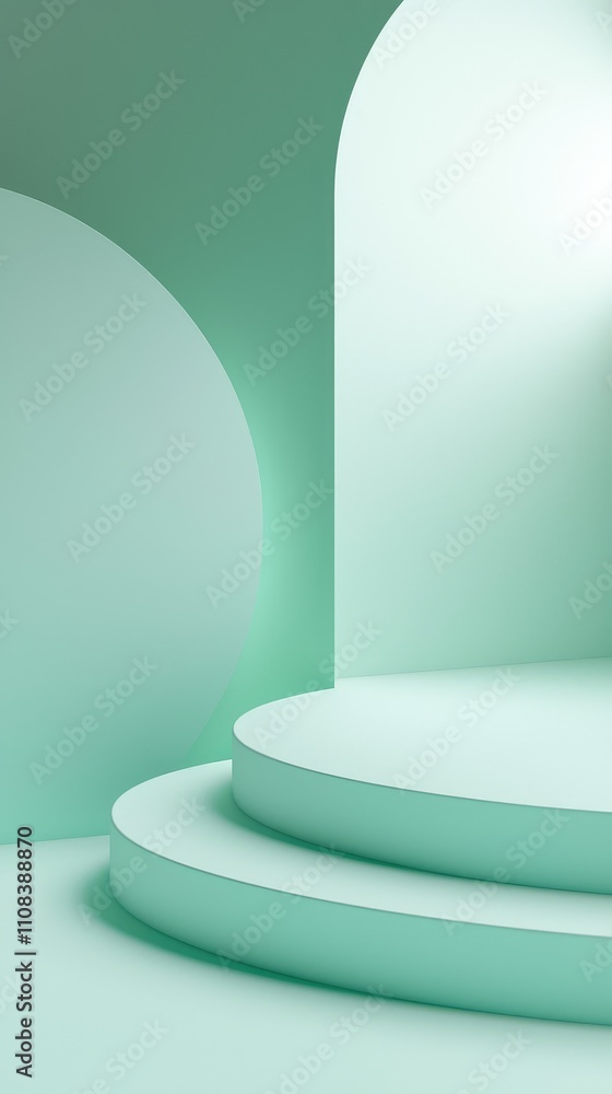 Fototapeta premium Minimalistic Background with Light Green Tones Featuring Smooth Curved Shapes and Soft Shadows for Creative Projects and Home Decor Displays
