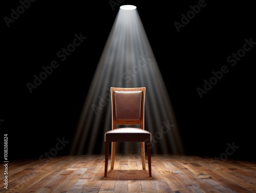 A solitary wooden chair illuminated by a spotlight on a wooden floor, evokes themes of focus, drama, and simplicity photo