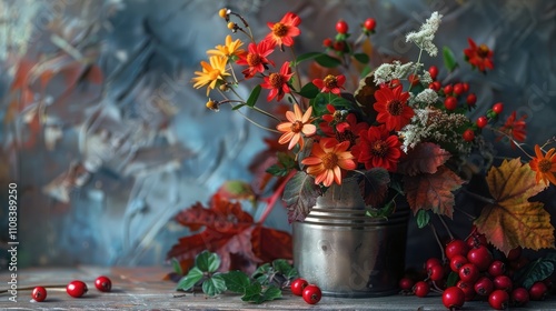 Autumn bouquet of garden flowers in the can and chokeberry. Country still life.