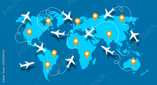 Illustration of airplanes travel routes on a world map. world travel map with aircraft. tourism and travel idea