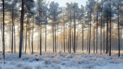 Misty Northern Forest Landscape with Tall Pine Trees Covered in Frost and Morning Light, Capturing the Tranquility of Nature's Beauty photo