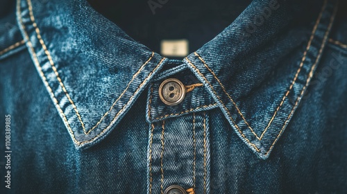 Close-Up of a Modern Denim Dress Featuring Tailored Fit and Classic Button-Down Collar Highlighting Quality Fabric and Craftsmanship photo