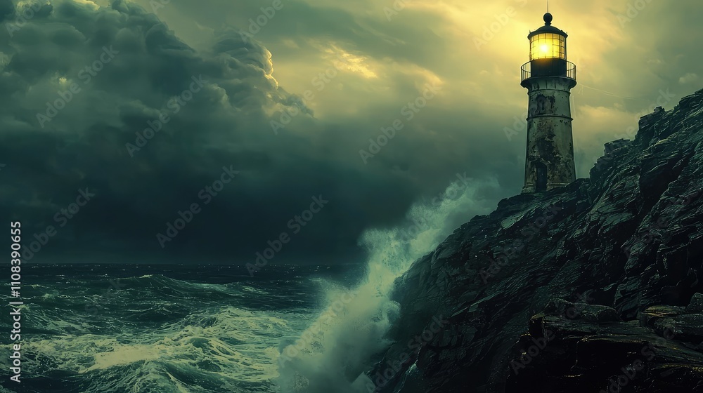 A Mysterious Abandoned Lighthouse Stands Tall on a Rocky Cliff Against an Ominous Sky While Waves Crash Dramatically Below in This Stunning Seascape Scene A Mysterious Abandoned Lighthouse Stands Tall on a Rocky Cliff Against an Ominous Sky While Waves Crash Dramatically Below in This Stunning Seascape Scene