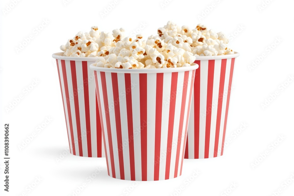 Red and white striped popcorn buckets filled with fresh popcorn Red and white striped popcorn buckets filled with fresh popcorn