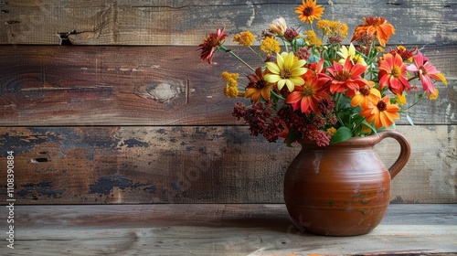 Autumn flowers in rustic clay jug on the wooden background