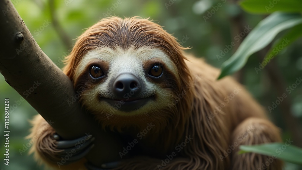 Naklejka premium A close-up of a sloth hanging from a tree, with gentle eyes and shaggy fur. Soft sunlight highlights its calm, peaceful expression in a natural green jungle setting.