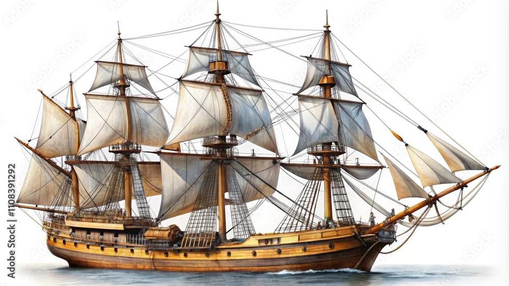 Naklejka premium Old Time Frigate Ship Illustration, Vintage Sailing Ship, Antique Warship, Maritime History, Classic Naval Vessel, Historical Seafaring Art