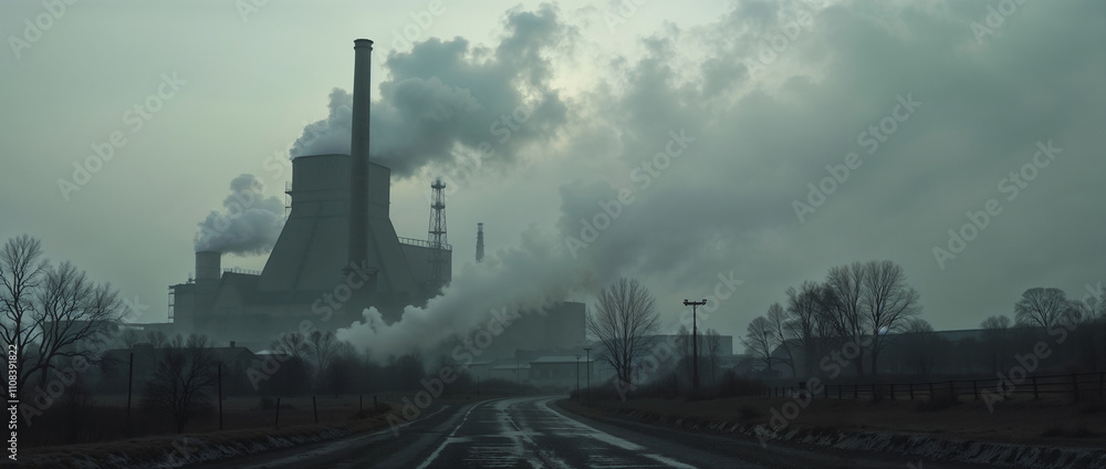 Fototapeta premium Industrial Factory Building with Smoke Stacks Emitting Emissions along Urban Road Infrastructure